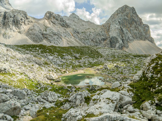 Landscape picture of mountains with lake in Triglav national park in Slovenia.