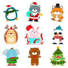 Set of cute christmas animal characters vector.