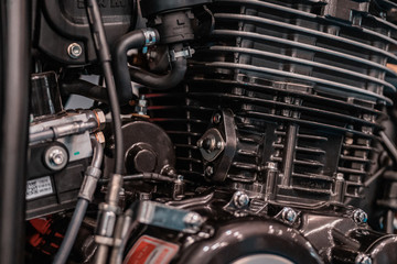 Engine design details, radiator from customized motobike in Italy, Rome. Black parts, chrome pipings.