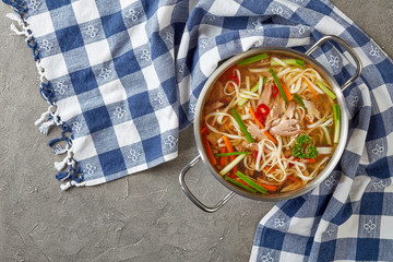 overhead view of duck noodle vegetables soup