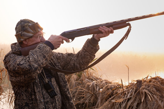 The hunter shoots a gun at dawn.
