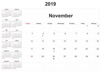 2019 monthly calendar with white background.