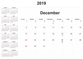 2019 monthly calendar with white background.