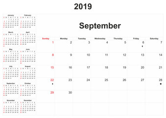 2019 monthly calendar with white background.