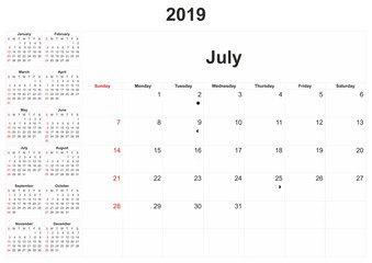 2019 monthly calendar with white background.