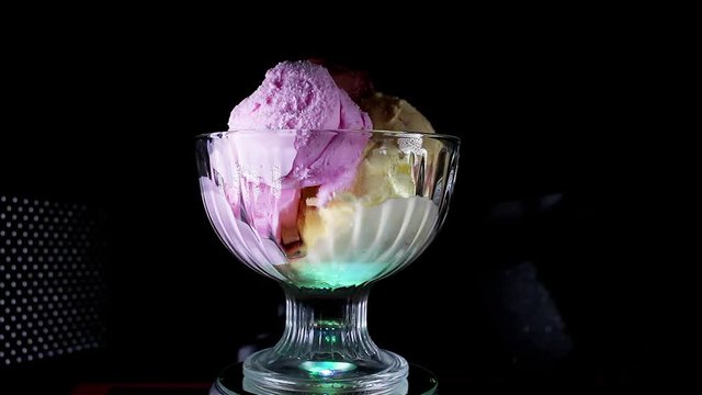 Ice cream sundae rotating on plate