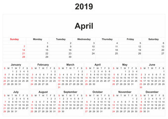 2019 monthly calendar with white background.