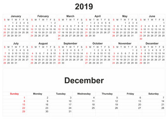 2019 monthly calendar with white background.