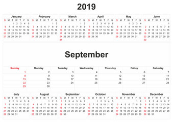 2019 monthly calendar with white background.