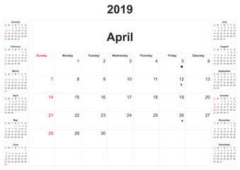 2019 monthly calendar with white background.