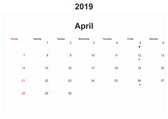 2019 monthly calendar with white background.