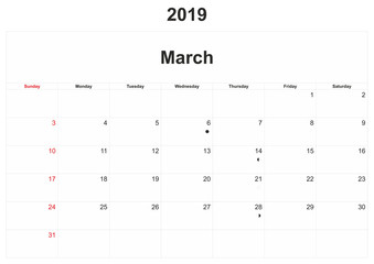 2019 monthly calendar with white background.