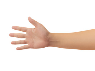 Human hand in reach out one's hand and showing 5 fingers gesture isolate on white background with clipping path, Low contrast for retouch or graphic design
