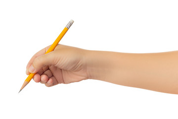Human hand in reach out one's hand and writing, drawing or sketching with yellow pencil gesture isolate on white background with clipping path, Low contrast for retouch or graphic design