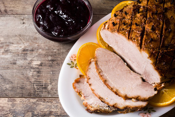 Tradicional homemade honey Glazed Ham for holidays. Top view. Copyspace
