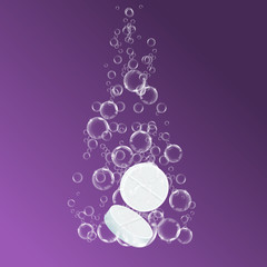 Round shaped two dissolving medicine pills. Sparkling water bubbles trails. Vector illustration.