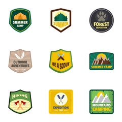 Fototapeta premium Forest camp logo emblem set. Flat set of 9 forest camp vector logo emblem for web design