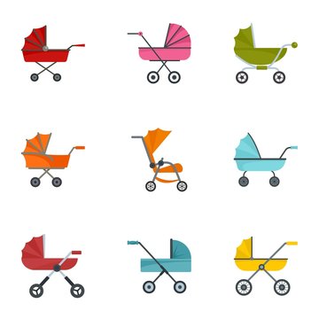 Baby stroller icon set. Flat set of 9 baby stroller vector icons for web design