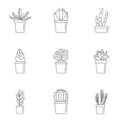 Cactus pot icon set. Outline set of 9 cactus pot vector icons for web design isolated on white background