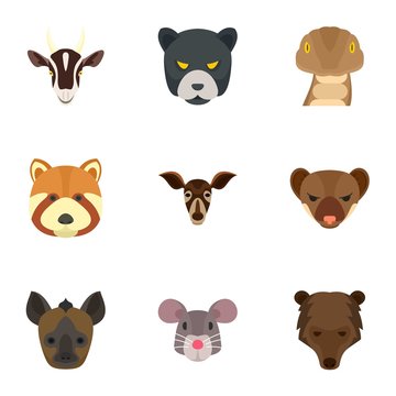 Wild animal head icon set. Flat set of 9 wild animal head vector icons for web design