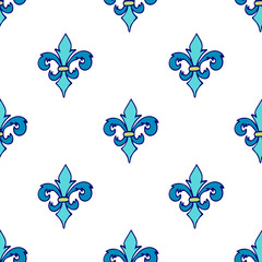 Colorful seamless pattern with blue hand drawn doodle royal floral ornament on white. French fleur-de-lis  element. Flourish damask infinity background. Vector illustration. © _aine_