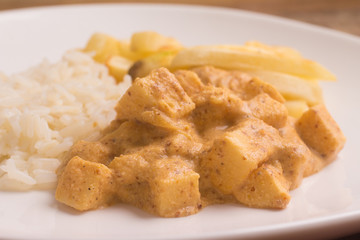 Vegan Stroganoff with Palm Heart, rice and fries