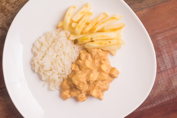 Vegan Stroganoff with Palm Heart, rice and fries