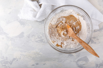 Make the dough for the pie. Cooking time. Top view.