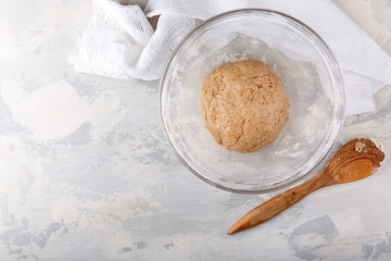 Make the dough for the pie. Cooking time. Top view.
