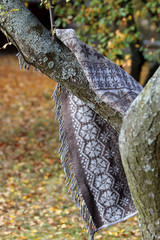 a large blanket with gray deer hangs on a tree in the park on the background of yellow leaves