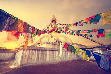 Famous Boudha Stupa in Nepal decorated with colorful prayer flags