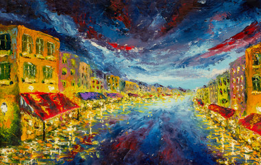 Impressionismus-Ölgemälde, zeitgenössischer Stil auf gestreckter Leinwand, Palettenmesser - Canal Grande in Venedig, Italien bei Nacht, Kunst, Panoramablick auf die Szene © weris7554