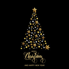 Happy New Year and Merry Christmas. Christmas tree with gold stars on the black background. Vector illustration.