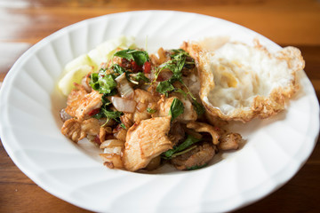 Fried basil leave with pork and Fried egg