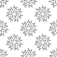 Seamless pattern texture with black flowers, fireworks or stars made of shabby strokes.