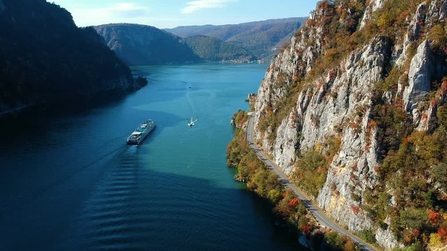 Autumn aerial view of Danube Gorge, Romania