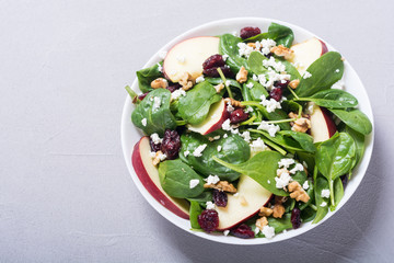 Autumn spinach salad with apple , cheese , walnut and dried cranberry