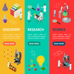 Science Chemical Pharmaceutical Concept Banner Vecrtical Set 3d Isometric View. Vector