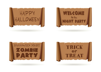 Halloween banners collection. Halloween inscriptions set on an ancient parchment. Happy Halloween. Welcome to the Halloween Night Zombie Party. Trick or Treat. Vector illustration