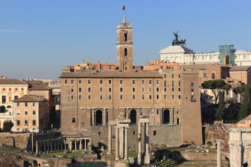 Obraz premium View of the exterior of the Senatorial Palace of Rome (also colled Palazzo del Campidoglio) from the Roman Forum.