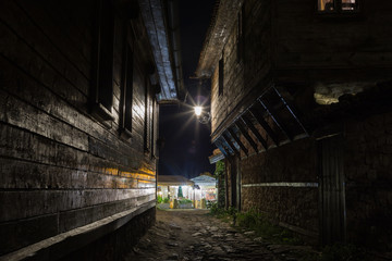 Architecture of the old city of Nesebar (Nessebar) at night. Streets and color of the city at night. Bulgaria.