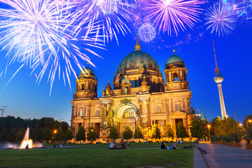 Berlin Cathedral church Berliner Dom at night with fireworks, Berlin, Germany © neirfy