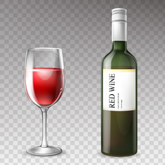Vector 3d realistic wine bottle with wineglass, transparent glass with label, white cork. Cup with red liquid beverage, alcohol drink with shadow isolated on background. Design of grape product.