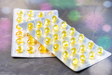 Fish oil capsules in blister pack. Place for your text.
