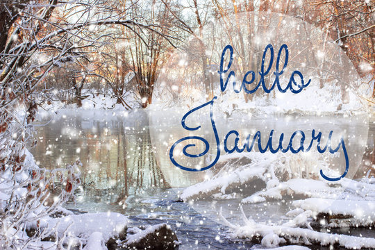 HELLO JANUARY greeting card. Winter holidays concept.