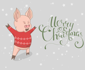 Vector illustration, Happy New Year 2019 funny card design with cartoon pig