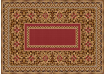 Drawing of a luxurious old oriental carpet with red, beige and brown hues and a patterned border in the middle on a white background
