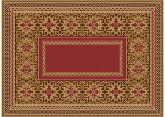 Drawing of a luxurious old oriental carpet with red, beige and brown hues and a patterned border in the middle on a white background
