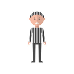 Prisoner in striped clothes. Sad criminal standing full-length on a white background. Vector illustration of a cartoon character.