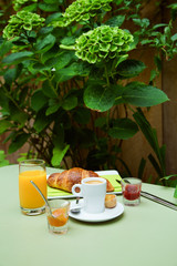 French breakfast in small cafe with inner garden. Coffee, croissant, marmelade, orange juice and fried egg with toasts, cheese and jamon on a green table